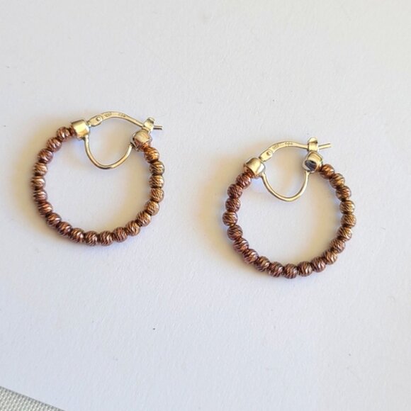 Vintage Sterling Silver Dazzling Bronze Boho Western Beaded Round Hoop Earrings - Picture 2 of 7